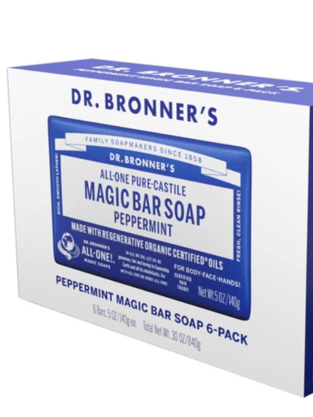 Dr. Bronner’s Magic Bar Soap Pure Castile Peppermint 5 oz 6 Pack Bars Body Face